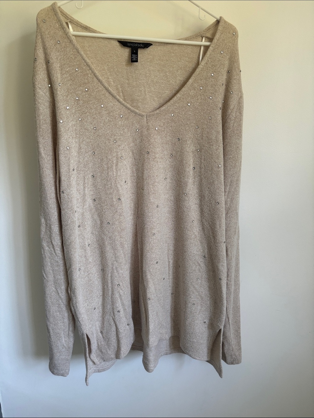 long tall sally Beige V-Neck Sweater with Rhinestone Accents